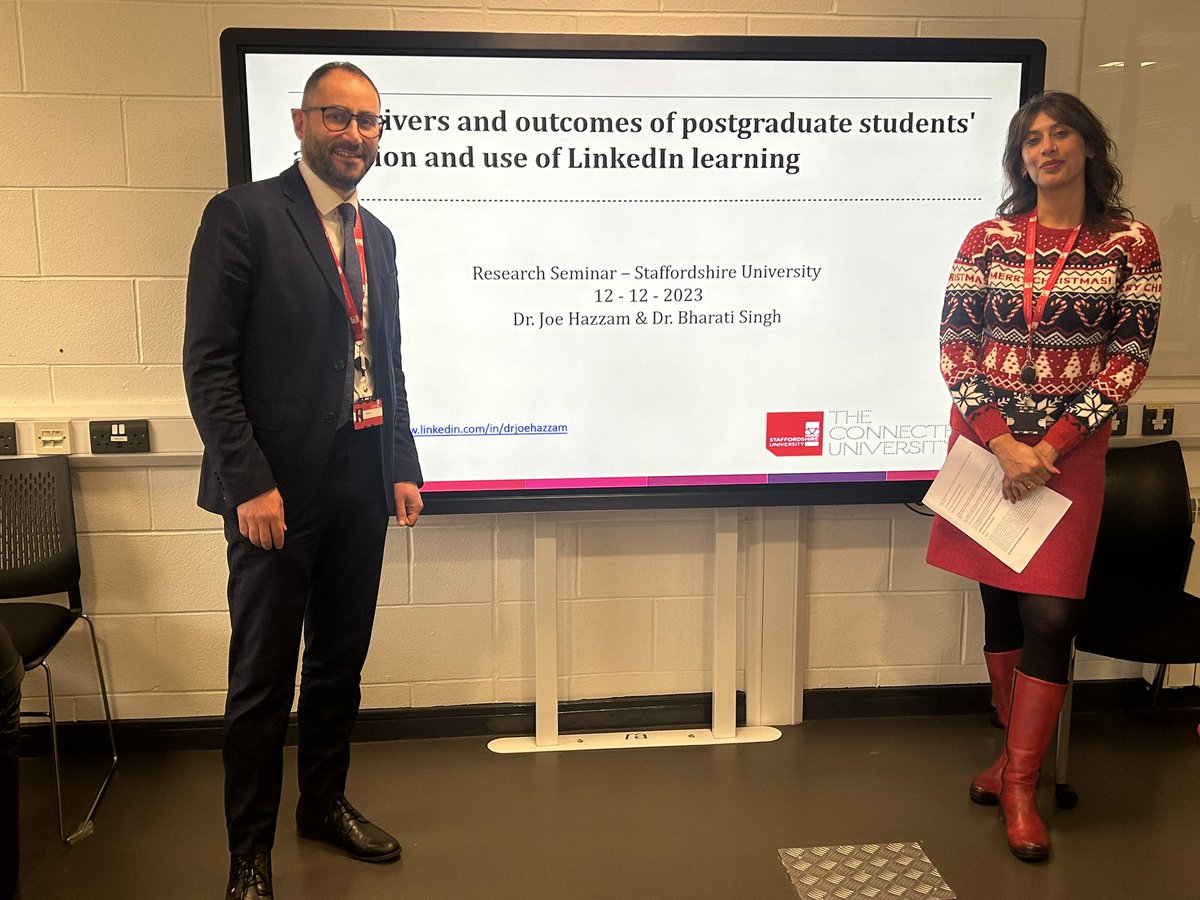 Great Business Research Seminar Series event earlier today. The paper on the drivers and outcomes of postgraduate students use of LinkedIn Learning was presented by <a href="/joe_hazzam/">Dr. Joe Hazzam</a> and <a href="/BharatiCSingh/">Bharati Singh Nixon</a>. 

<a href="/StaffsResearch/">Staffordshire University Research</a> <a href="/BusinessStaffs/">Staffordshire Business School</a> <a href="/cdesouthall/">Carol Southall</a>
