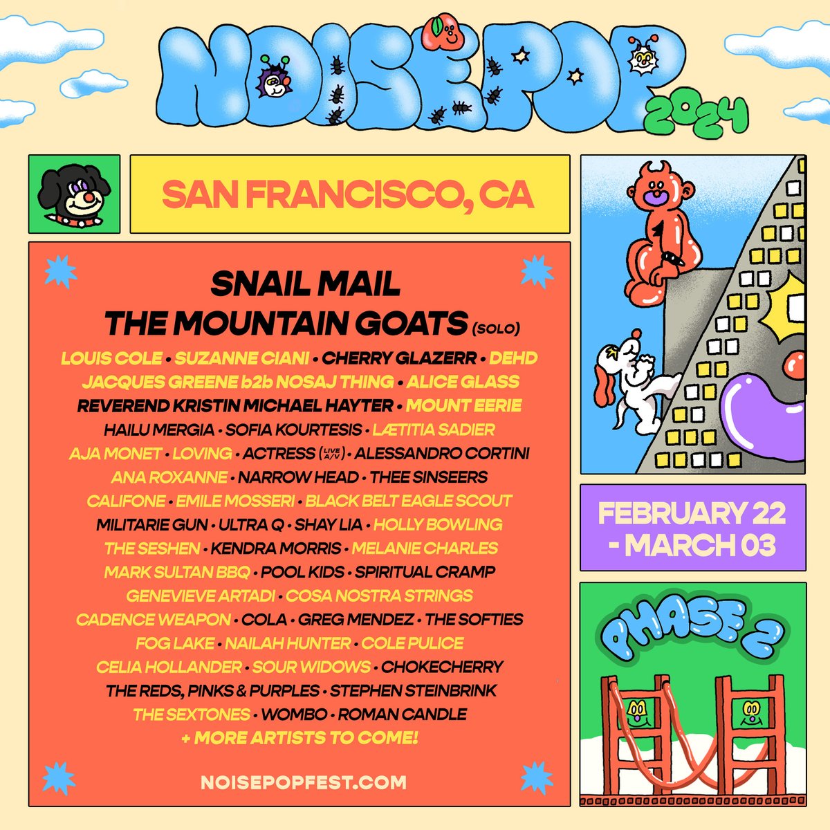 DoTheBay's tweet image. JUST ANNOUNCED: Noise Pop Festival Phase 2 ✌️✌️✌️ New additions to our favorite 10-day party include @louiscolemusic, @sevwave, @jacquesgreene + @nosajthing, @ALICEGLASS, and many more ⚡️ 

🎟️ Festival badges + individual shows on sale now: bit.ly/3rVAvae