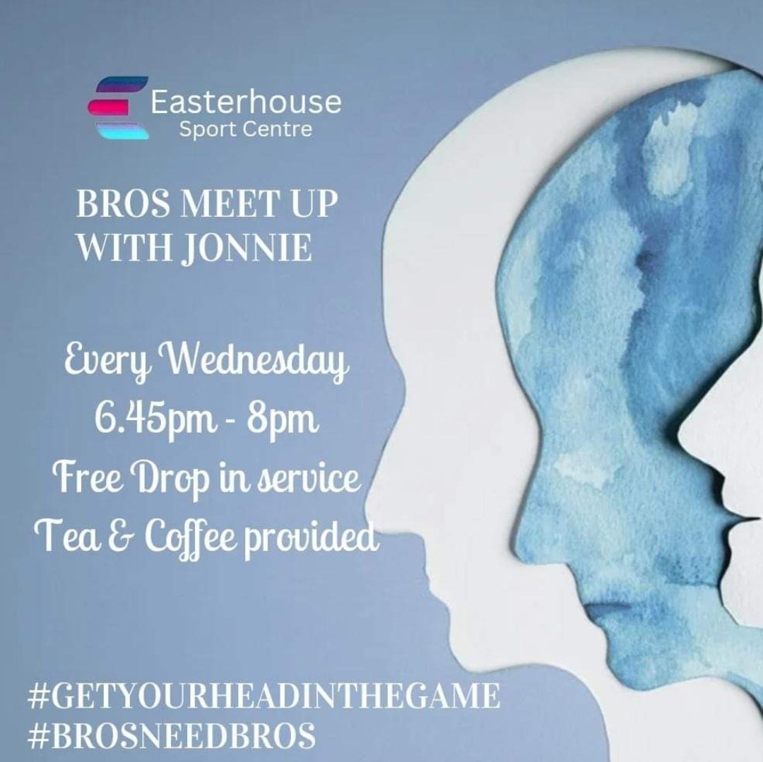📣New Service 📣

We are delighted to announce another FREE service for the local Community.

We want to get as many men involved within this project as possible.

Easterhouse Sport Centre 
6.45pm - 8pm 

#mensmentalhealth 
#brosneedbros 
#getyourheadinthegame