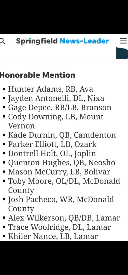 Toby moore (@tjmmoore71) on Twitter photo Not everyone can make Springfield News Leader's Dominant Dozen team list, but I'll play with this group of Honorable Mentionee's any day! Lots of talent in SWMO! <a href="/JPRockMO/">JP Rock</a> <a href="/NateLatsch/">Nate Latsch</a> <a href="/MC__athletics/">McDonald County Athletics</a> <a href="/MCHSMustangsFB/">Mustang Football</a> <a href="/KellenHoover/">Kellen Hoover</a> <a href="/CoachKane72/">Chris Kane 🇺🇸</a> Not everyone can make Springfield News Leader's Dominant Dozen team list, but I'll play with this group of Honorable Mentionee's any day! Lots of talent in SWMO! <a href="/JPRockMO/">JP Rock</a> <a href="/NateLatsch/">Nate Latsch</a> <a href="/MC__athletics/">McDonald County Athletics</a> <a href="/MCHSMustangsFB/">Mustang Football</a> <a href="/KellenHoover/">Kellen Hoover</a> <a href="/CoachKane72/">Chris Kane 🇺🇸</a>