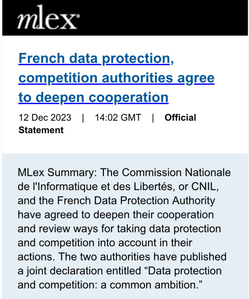 Caffar3Cristina's tweet image. Looks good @BCoeure, @Adlc_ & @CNIL_en.
Three years ago the UK agencies made a similar cooperation pledge but not a lot happened. This is overdue, cases piling up, and #data_protection needs a seat at the table of #antitrust enforcement. @johnnyryan