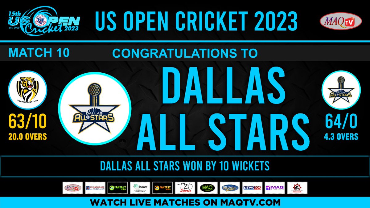 #Congratulations Dallas All Stars won by 10 Wickets #dallasallstars Match#10 Dallas All Stars Vs Tigers CC 15th US OPEN Cricket 2023 December 8th to 17, at Broward County Stadium FL #maqtv #usopen2023 #ccusa #cricketcouncilusa #cricket #live #usopencricket2023 #icc #usacricket