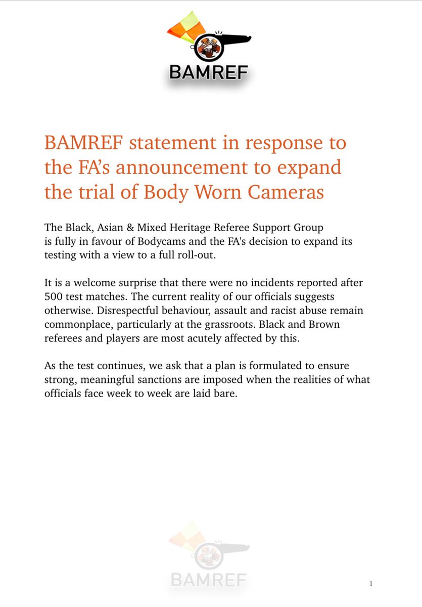 #BAMREF statement in response to the #FA announcement to expand the trial of Body Worn Cameras

#skysportsnews #talksport #statement #equality #challengeracism #representation #kickitout #pgmol