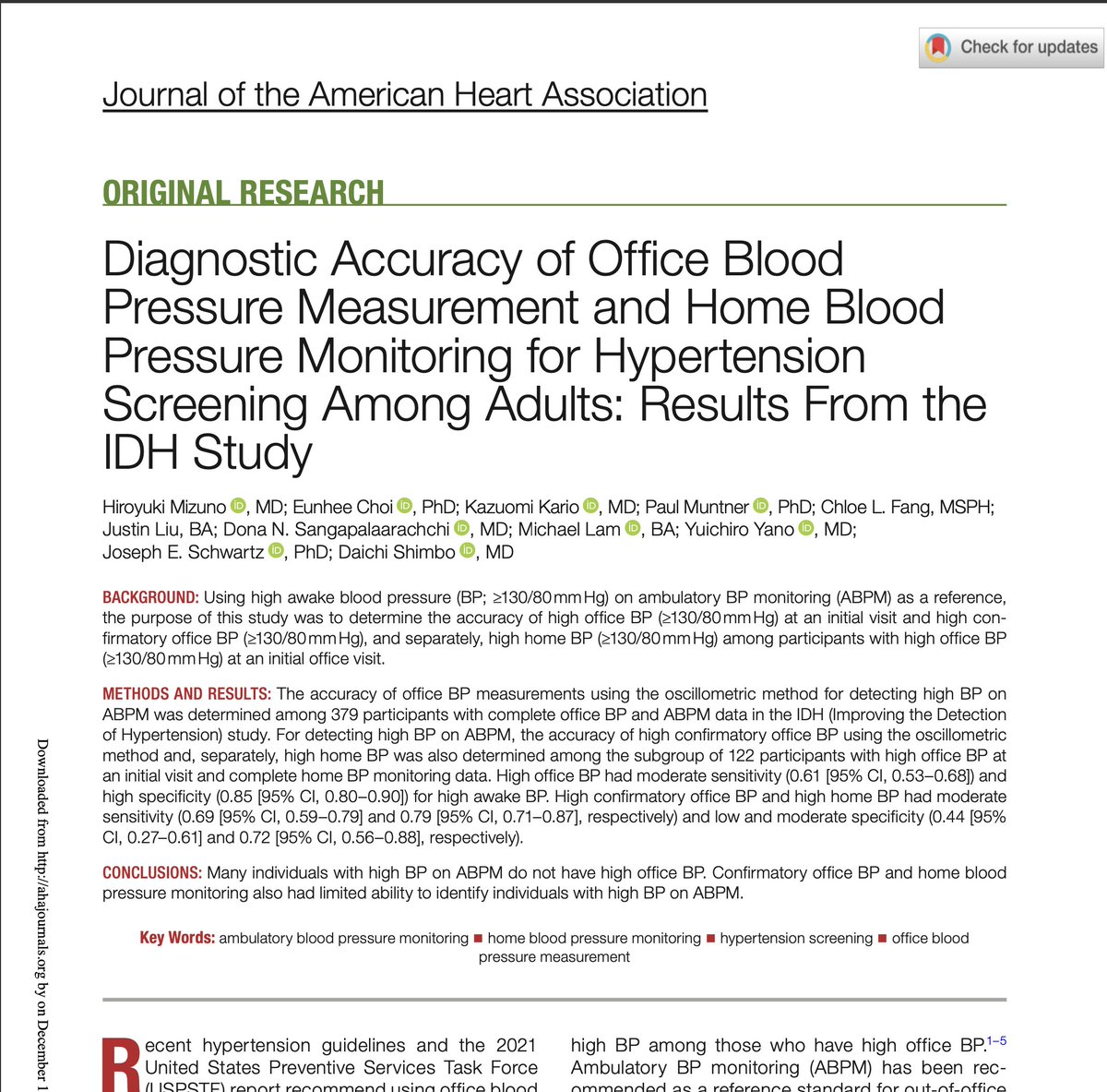 In the 2021 USPSTF report on hypertension screening, the diagnostic accuracy of office BP, and confirmatory BP and HBPM (after an initially high office BP) was tested. Little data were available using the 130/80 mmHg BP threshold, recommended by the 2017 ACC/AHA BP guideline.