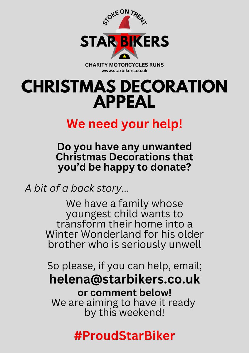 We need your help!
Please read the image below and either e-mail Helena with what you can help with, or comment below!
Come on Stoke-on-Trent, let's do what we do best - help people!
#proudstarbiker