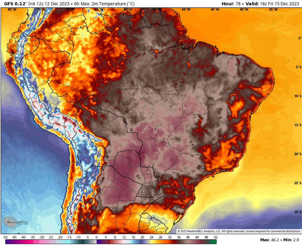 GFS noon runs continues to show heat returning to Brazil with many location that will see +100 comes Fri. #Brazil #soybeans #corn