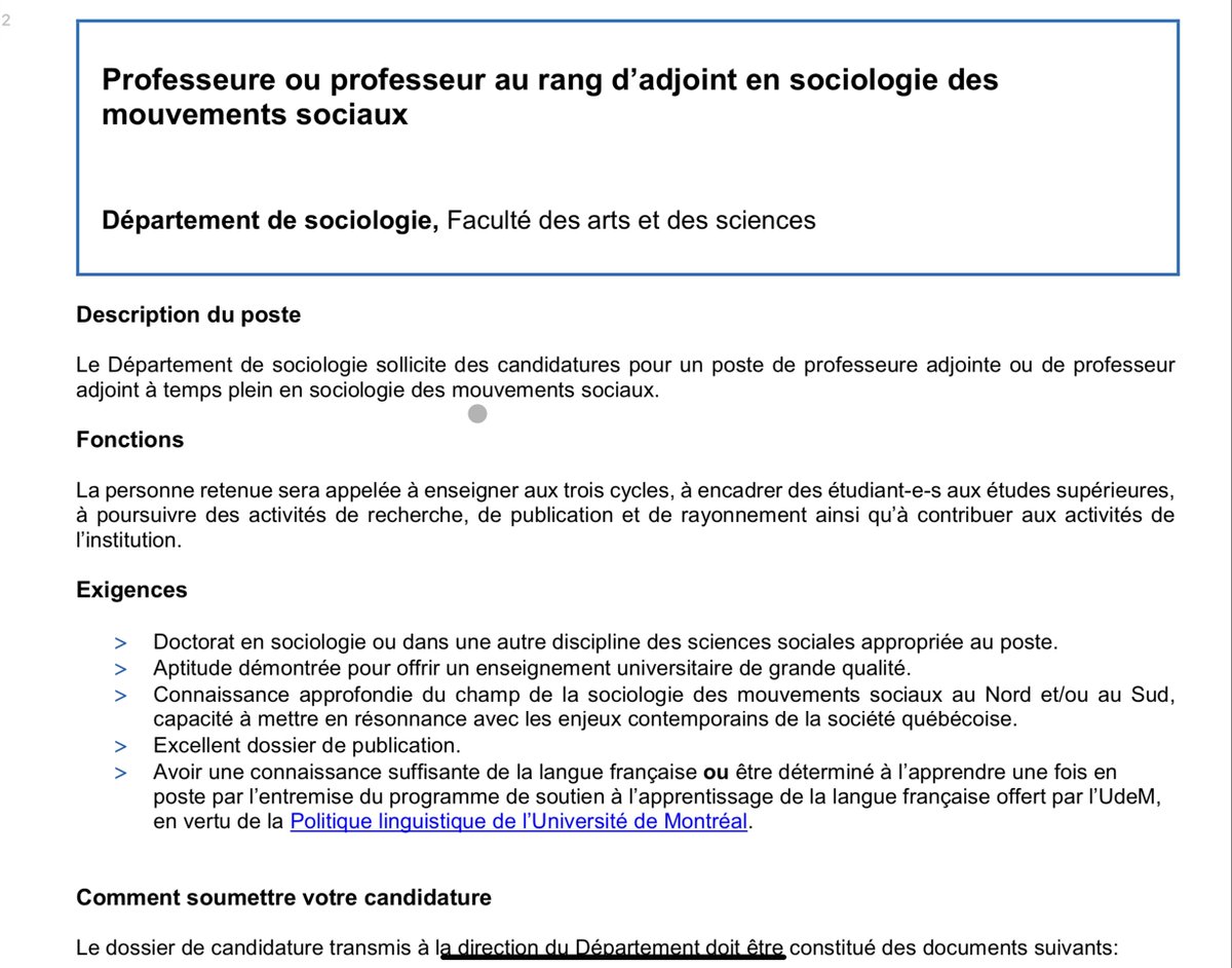 Cécile Van de Velde (@cecile_vdv) on Twitter photo Le département de sociologie de l’Université de Montréal ouvre un poste de professeur.e en sociologie des mouvements sociaux!
Renseignements ici : socio.umontreal.ca/public/FAS/soc… Le département de sociologie de l’Université de Montréal ouvre un poste de professeur.e en sociologie des mouvements sociaux!
Renseignements ici : socio.umontreal.ca/public/FAS/soc…
