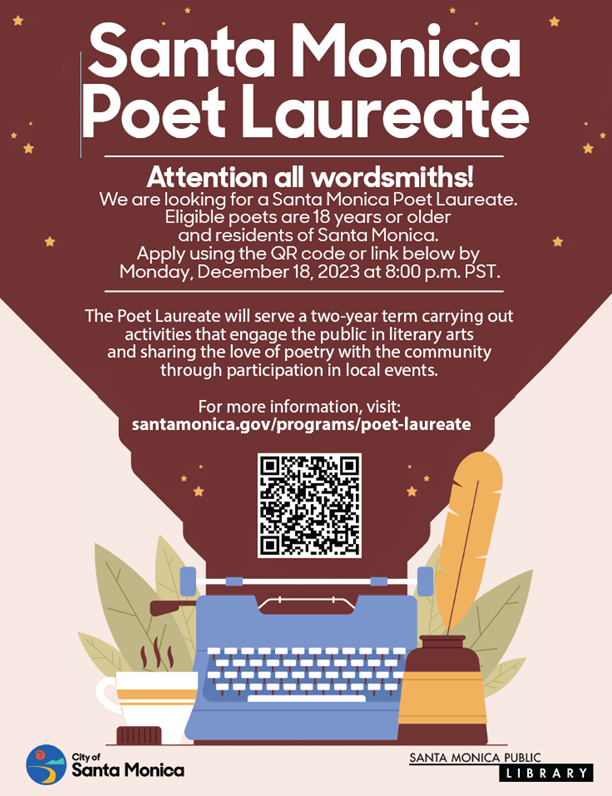 SMC_edu's tweet photo. Calling all wordsmiths! The City of Santa Monica invites Santa Monica residents aged 18 years or older to apply to become its inaugural Poet Laureate! Details: https://t.co/pSUt0XWPai https://t.co/H62tcEYyY5