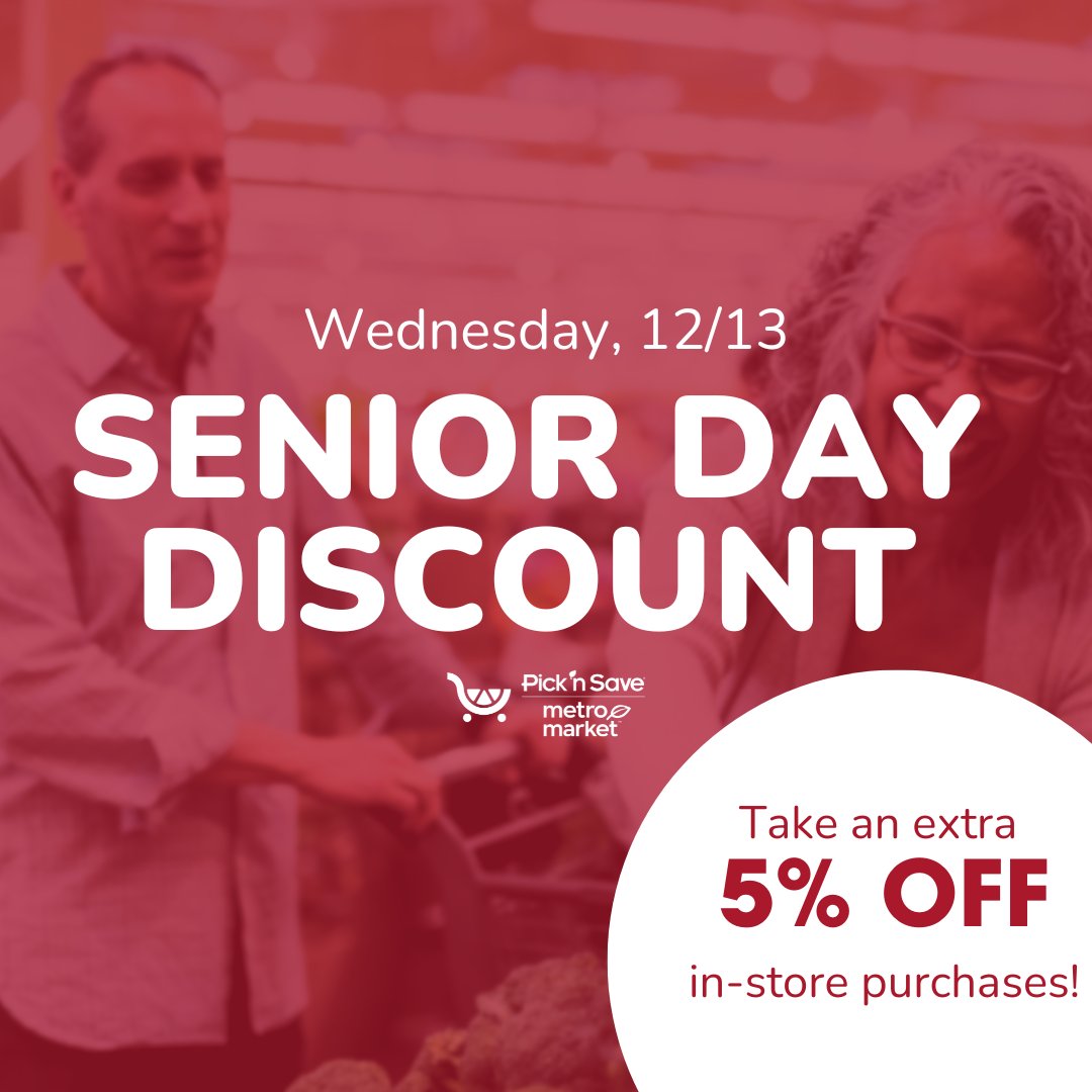 Celebrating #SeniorDay at #PicknSave! Tomorrow, 12/13, customers 60+ years of age can take an additional 5% off in-store purchases with their #FreshPerksCard! To receive the discount, eligible shoppers should use their card & ask for discount at checkout (exclusions may apply).