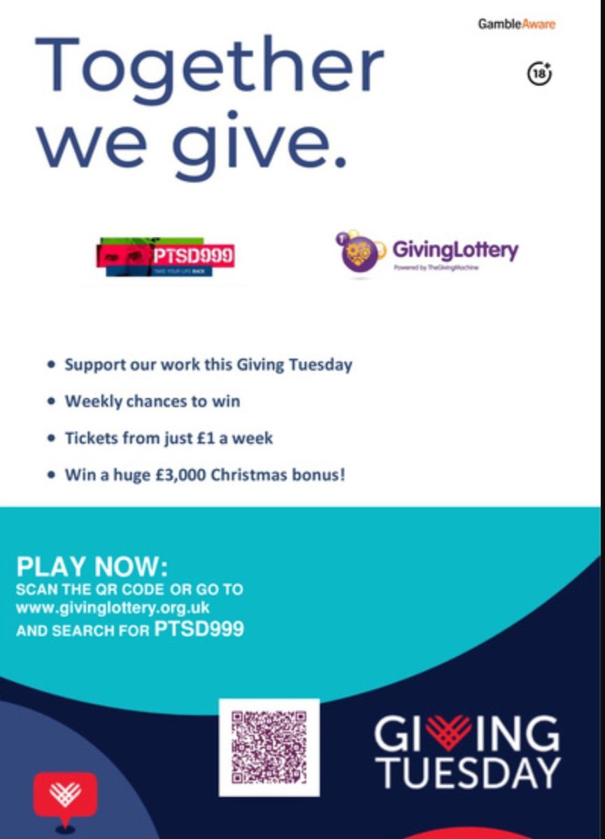 Support PTSD999 this #givingtuesday by entering the Giving Lottery Super Draw and be in with a chance of winning £3k just in time for #christmas or sign up to the weekly draw and support us continually. Tickets are just £1. Visit givinglottery.org.uk and search PTSD999.