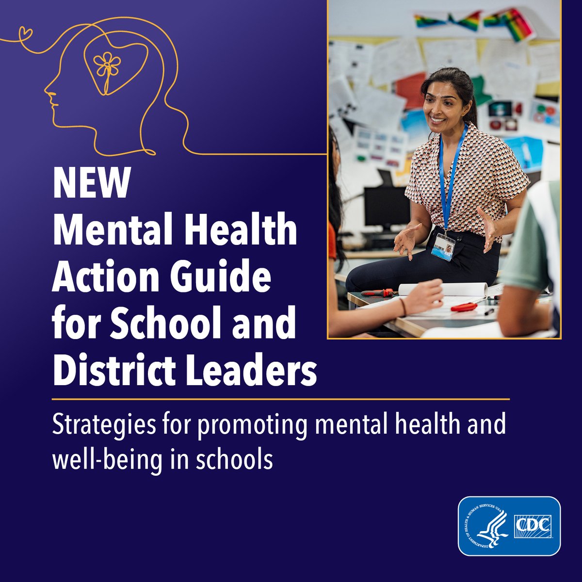 CDC's new action guide for school and district leaders provides six strategies schools can use to improve students’ mental health. Learn more from @CDC_DASH: go.hc.gov/4ai3JS4 #CDCMentalHealth