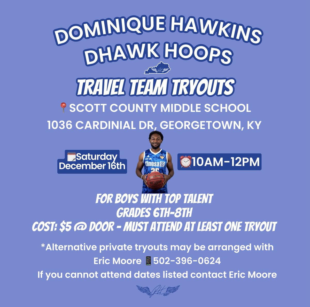 Saturday Dec, 16th FINAL tryouts!
Hope that you all can make it if you didn’t make last week tryouts. 
Contact Eric Moore for any questions.
 📱 502-396-0624