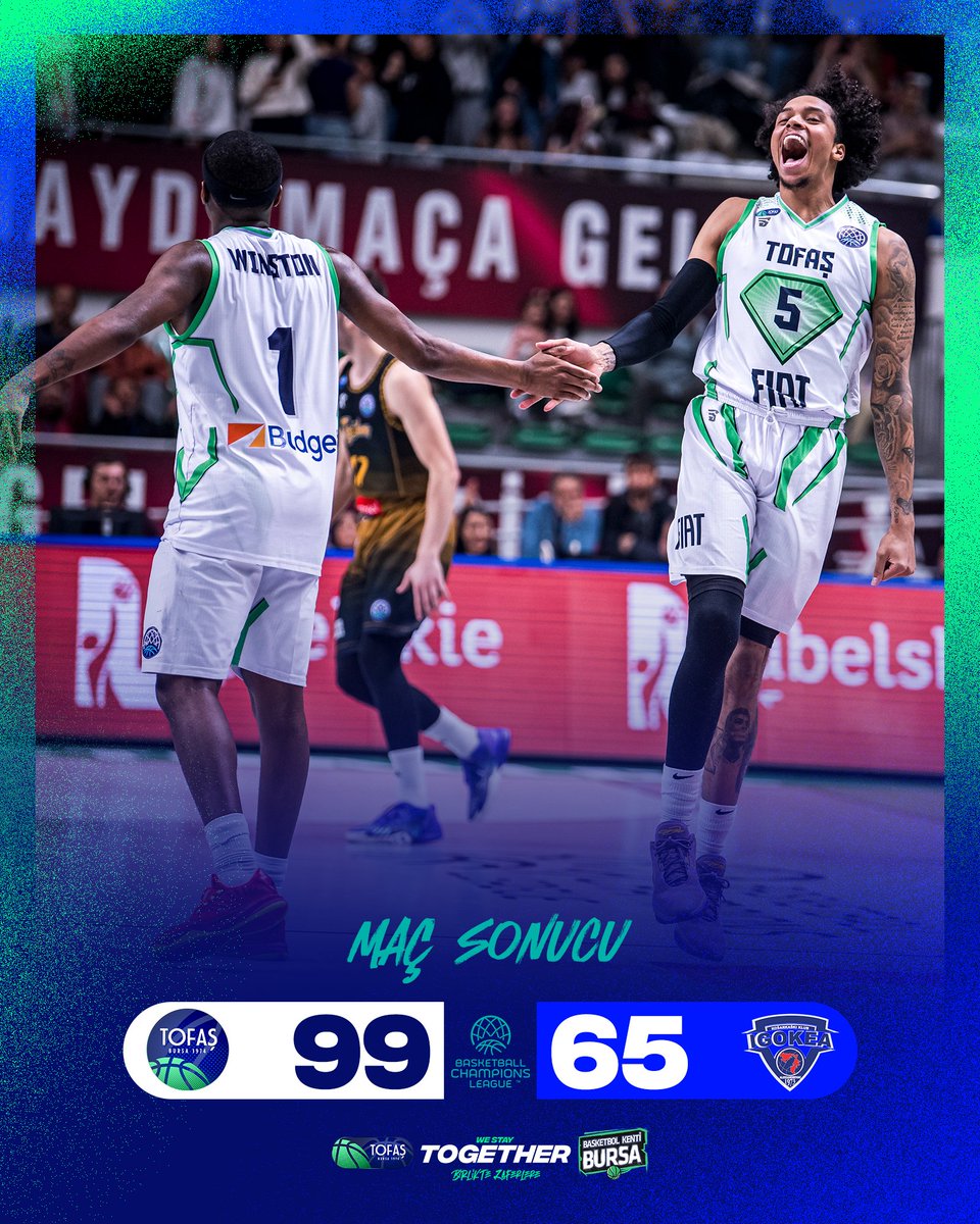 #BasketballCL | Maç sonucu | Basketbol Şampiyonlar Ligi H Grubu 5. Hafta | Bu galibiyetle play-in'i garantiliyoruz 👏 TOFAŞ Bursa 99-65 Igokea m:TEL ▶️ Luke Maye 19 sayı ▶️ Caleb Homesley 18 sayı ▶️ Cassius Winston 14 sayı #WeStayTOGETHER #BirlikteZaferlere