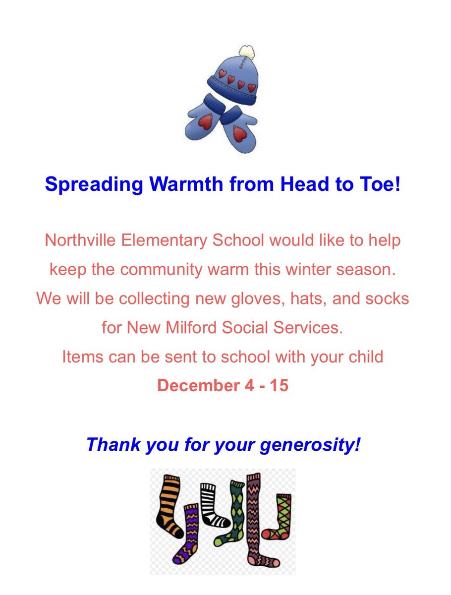 Northville is still collecting new gloves🧤, hats 🎩, and socks 🧦 to be donated to the New Milford Social Services. #NEScares 🐮💚 @nmps_supt @TownCouncilPete