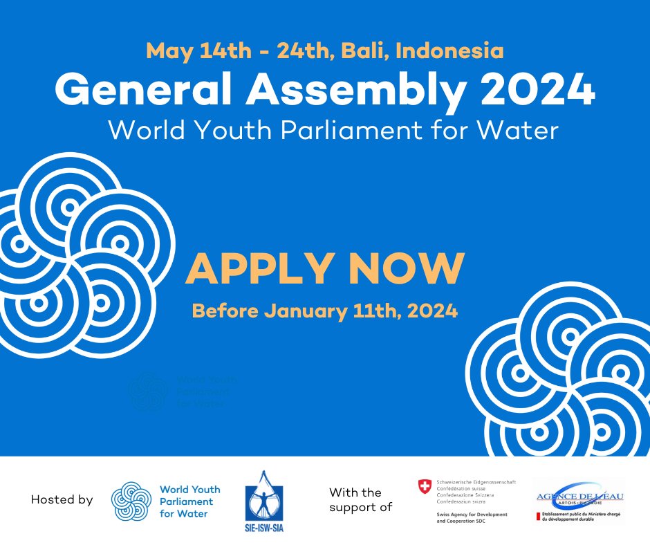 #CallforApplications | 6th General Assembly of the WYPW Be part of the 6th General Assembly, which will be held in person in the framework of the 10th World Water Forum in Bali, in May 2024! Apply here👉 forms.gle/4XPRsgK22E5Let… @InternSecrWater @SwissDevCoop @AgenceEau