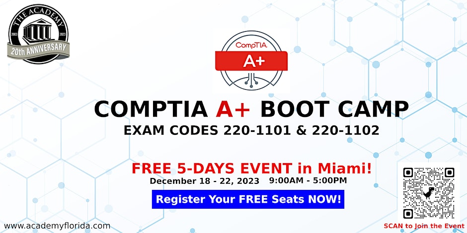 Here's a FREE LIVE CompTIA A+ 5 Day Bootcamp. You can attend online via Teams or in-person in Miami! They are sending out the details on Thursday, so sign up soon! eventbrite.com/e/free-comptia…