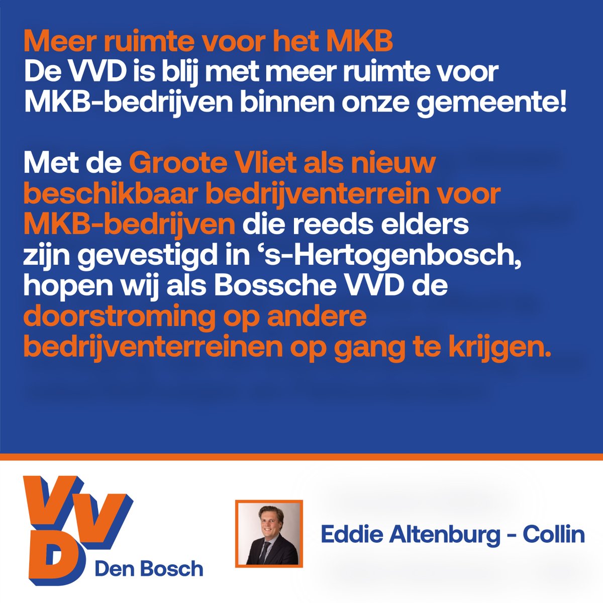 Het MKB heeft meer ruimte nodig. Voor de Bossche VVD biedt de Groote Vliet hiervoor kansen, zo bepleit <a href="/EddieAltenburg/">Eddie Altenburg-Collin 🇺🇦 (hij/hem)</a>  vanavond in de gemeenteraad.