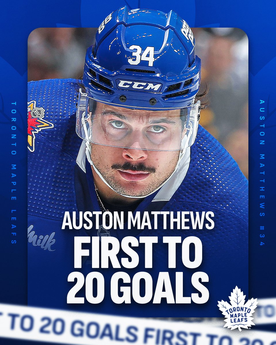 Auston Matthews (<a href="/AM34/">Auston Matthews</a>) is this season's first 20-goal scorer! 🚨