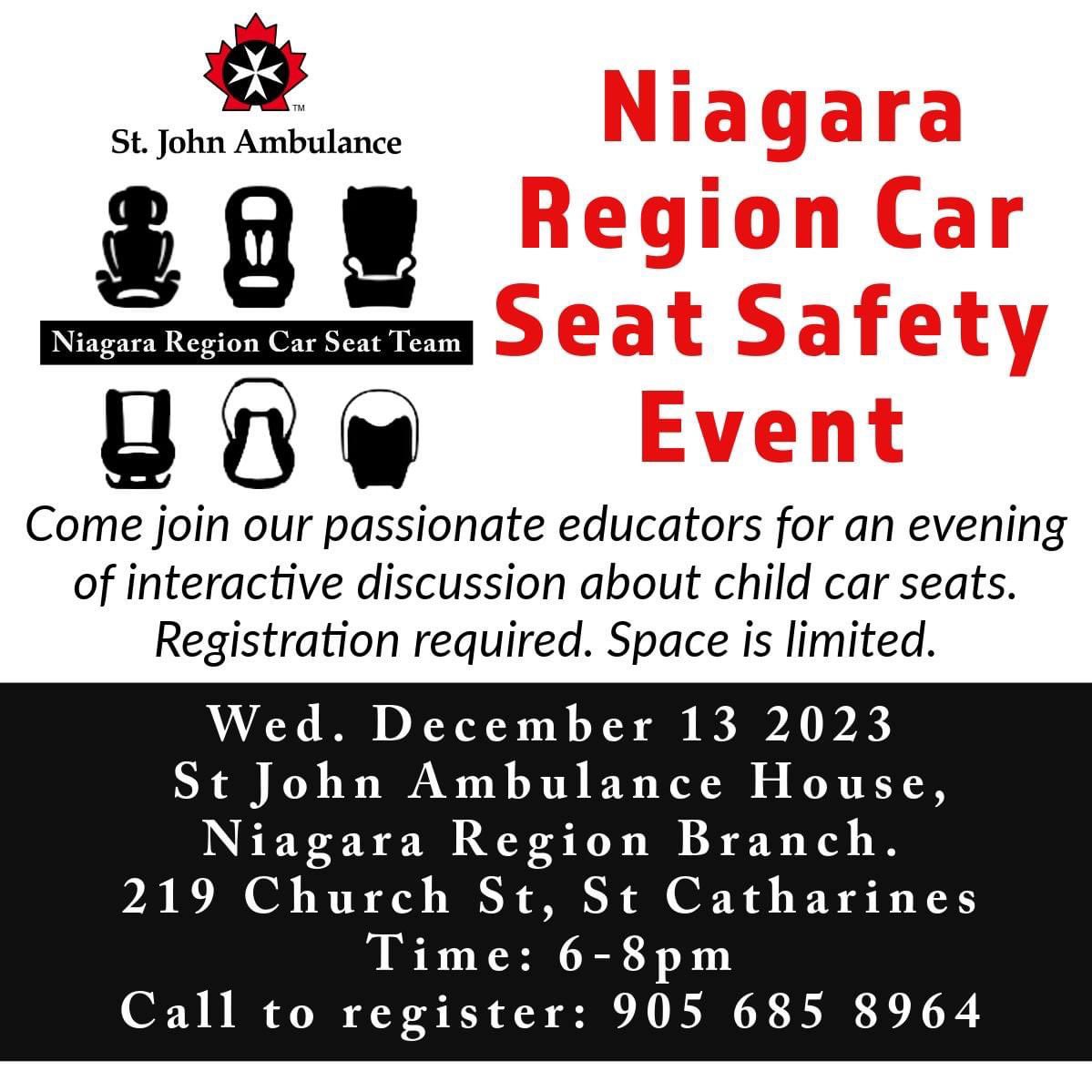 Hey @NiagaraRegion #NewParents need advice on your new #CarSeat?

Join our @SJA_in_Niagara Car Seat Team at our @SJAOntario Branch in @dt_stcatharines on DEC 13th from 6-8 PM.

#DYK that our  @SJA_Canada Car Seat program is nationally recognized program 🚙👶🏻⛑️ @CanadaSafetyCSC