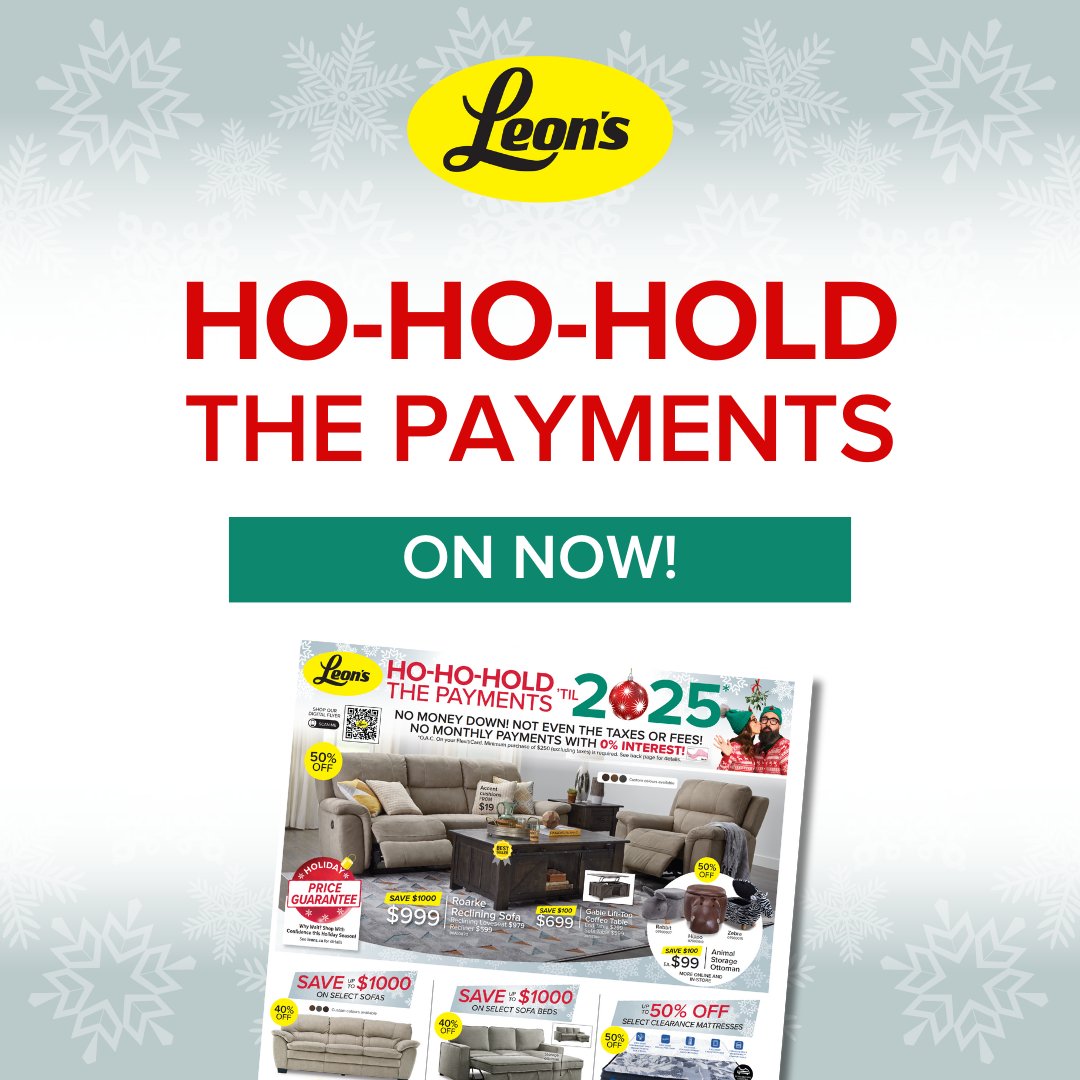 Deck Your Halls with Leon's Deals! 🎄 Save like never before on a wide range of furniture and appliances. 🎁 

Shop the flyer -> leons.ca/pages/flyer

On now for a limited time! Shop in-store and online!