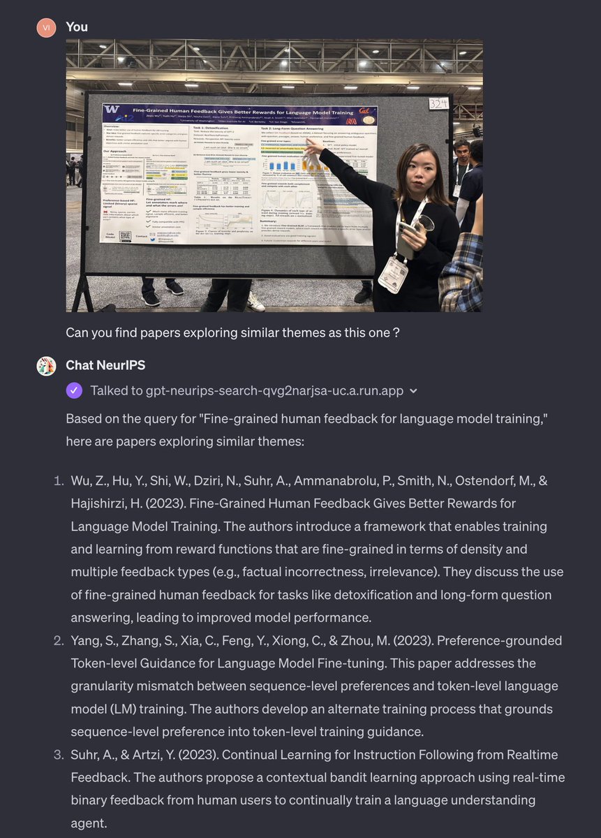 @nouhadziri And if you want to find more papers from #NeurIPS23 we have a GPT (we embedded all of ˜4K papers) that can take just a picture like this and do the work for you! chat.openai.com/g/g-roTFoEAkP-…