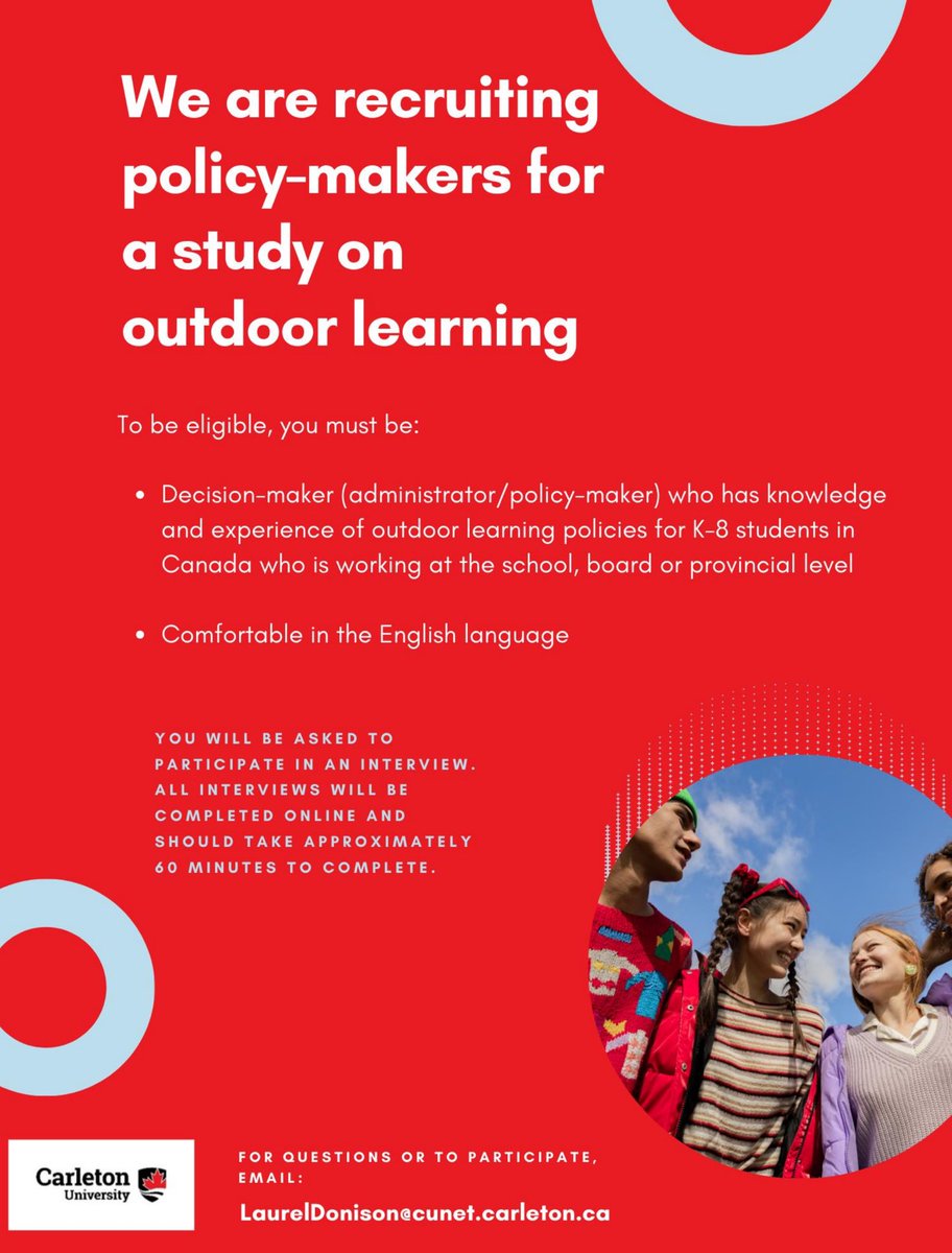 Calling all school system leaders, administrators & policy makers 📝 Researchers at Carleton University are conducting a study on outdoor learning & are looking for K-8 educators to virtually interview in Canada for ~60 min. Further details: bit.ly/3uFWmmO