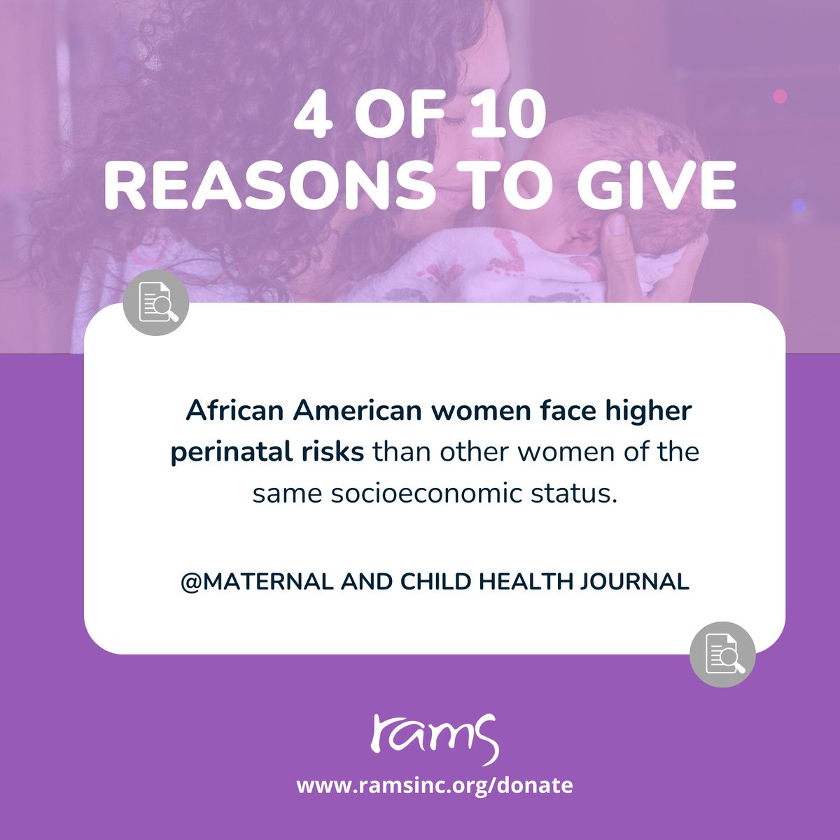 Day 4 of 10 Reasons to Give to RAMS: Our newly funded Equity Based Maternal Health Program provides racially conscious prenatal & mental health care black birthing people deserve regardless of background. Donate to help us bridge the birthing gap: ramsinc.org/donate