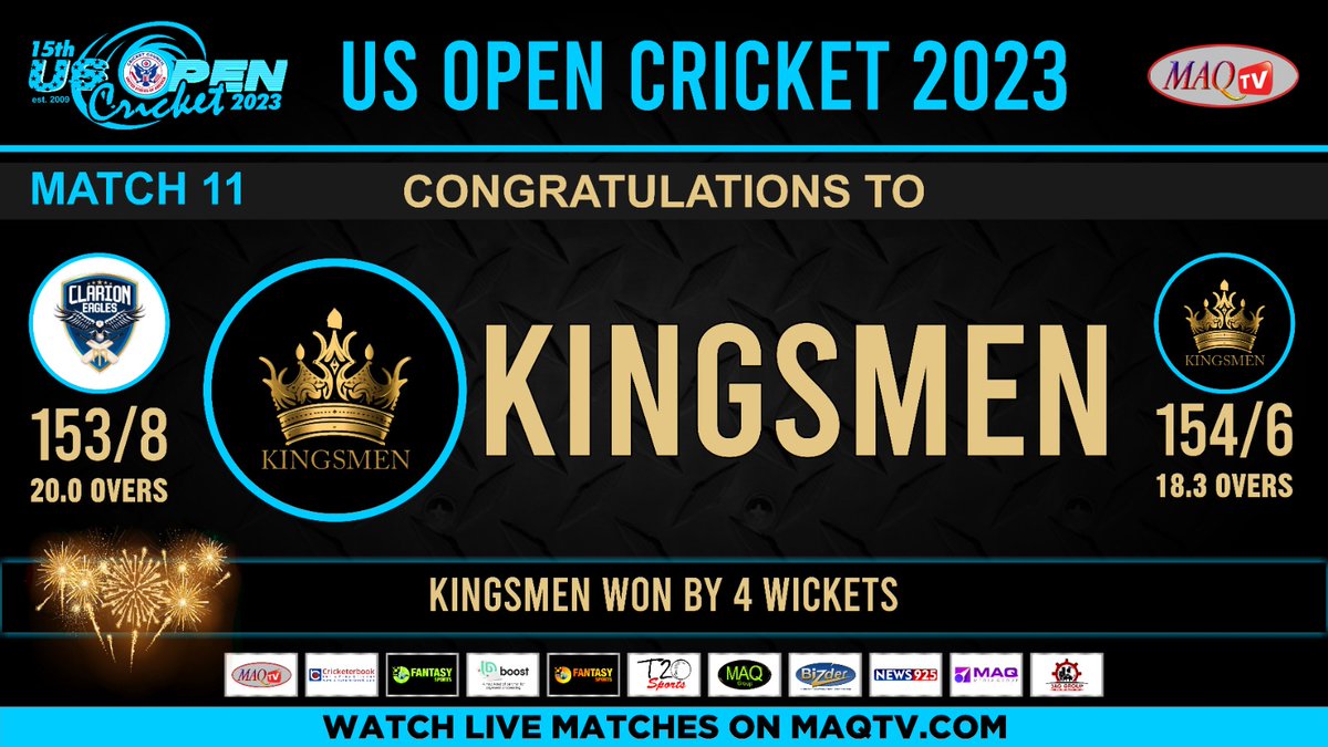 #Congratulations Kingsmen won by 4 Wickets Match#11 Clarion Eagles Vs Kingsmen 15th US OPEN Cricket 2023 December 8th to 17, at Broward County Stadium FL #maqtv #usopen2023 #ccusa #cricketcouncilusa #cricket #live #usopencricket2023 #icc #usacricket #pakistan #florida