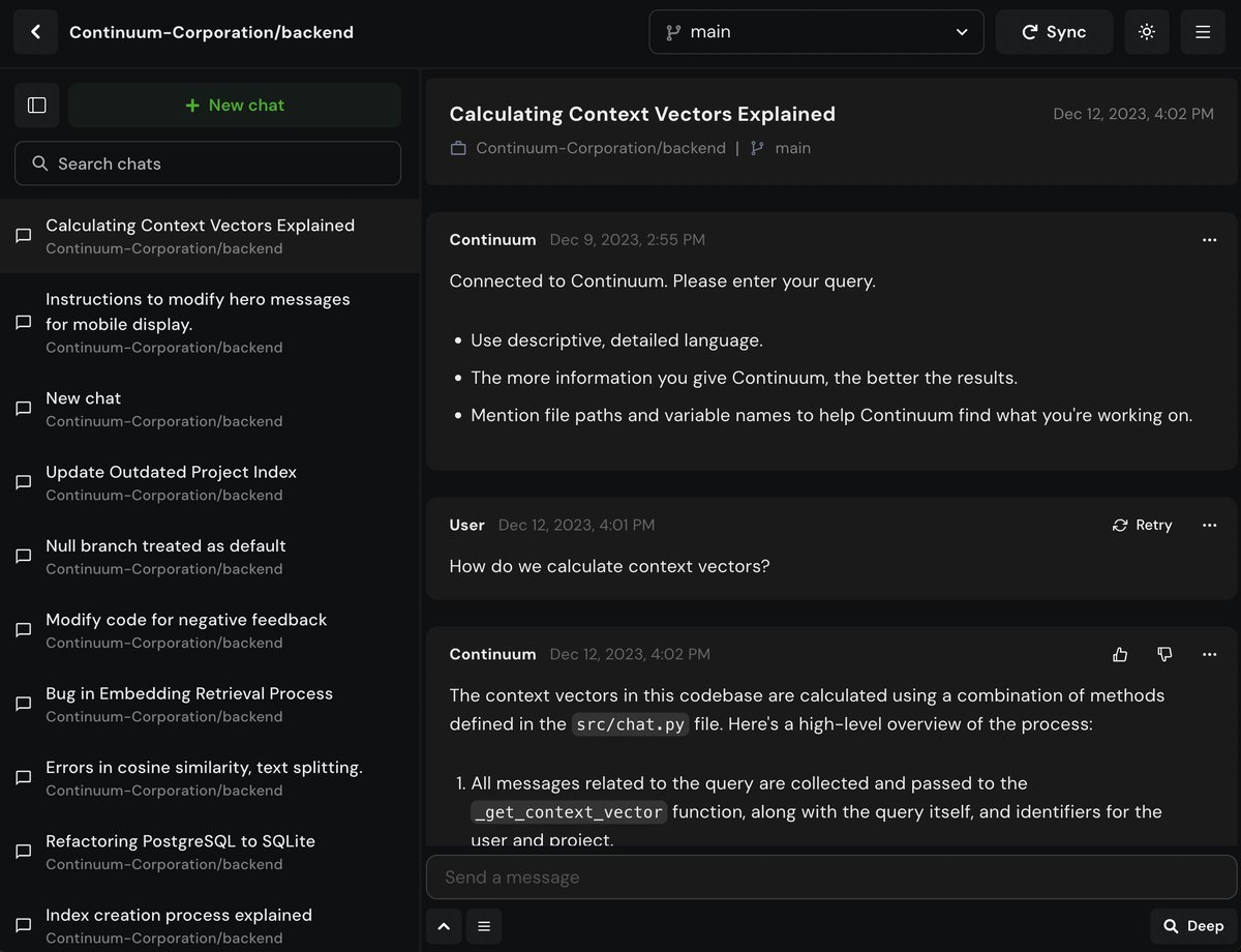 🚢 New Continuum version🚢
✔ Sleek new UI (shoutout <a href="/dankuntz/">Daniel Kuntz</a>)
✔ Code knowledge graphs for Python projects
✔ GPT-4 Turbo with 128k context window

Excited to see what you all build with it!