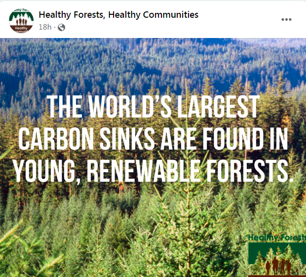 The_Tommy_Hough's tweet photo. They're just outright lying now. Thanks @EFrost_Wildwood for sharing this despicable timber industry-driven #SocialMedia #Greenwashing. #MatureForest and #OldGrowthForest sequester far greater #Carbon than young forests. #Logging is simply carbon-emitting #Habitat destruction. https://t.co/RrSEaJXVGC
