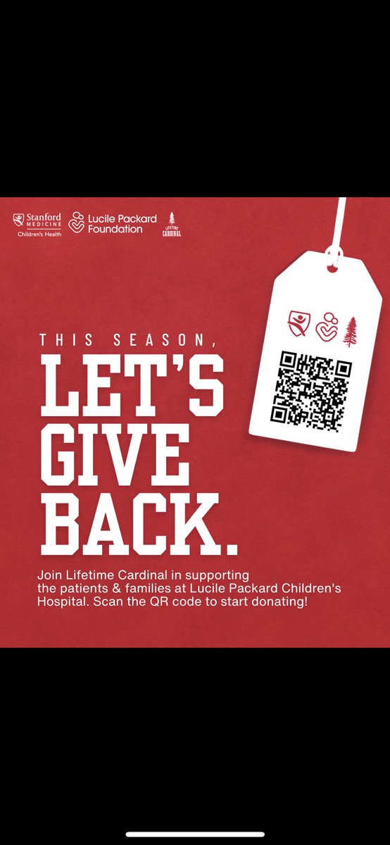 Help us spread joy, hope, and compassion to the incredible patients and families at @stanfordchildrens. Every donation counts! <a href="/Lifetime_Card/">Lifetime Cardinal</a> Scan QR code to get started