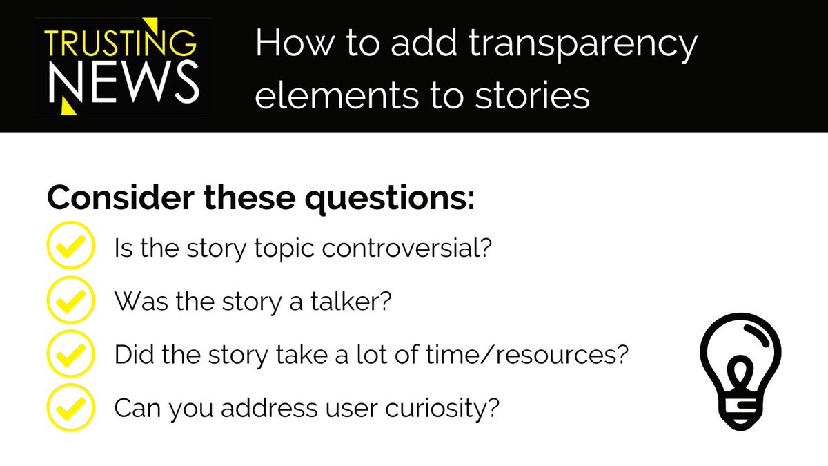 We're all about transparency. But you don’t have to add transparency elements to *every* story. You could — but it's unrealistic and probably isn’t necessary. Instead, use this guide to help you decide when transparency elements will be especially useful👇trustingnews.org/trust-tips-248…