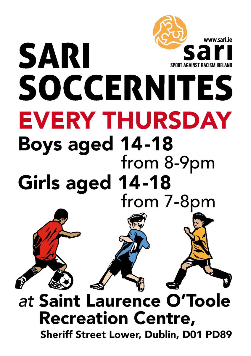 SARI Soccernites for 14-18 age group - girls from 7pm-8pm, boys 8pm-9pm. Every Thursday. All welcome.