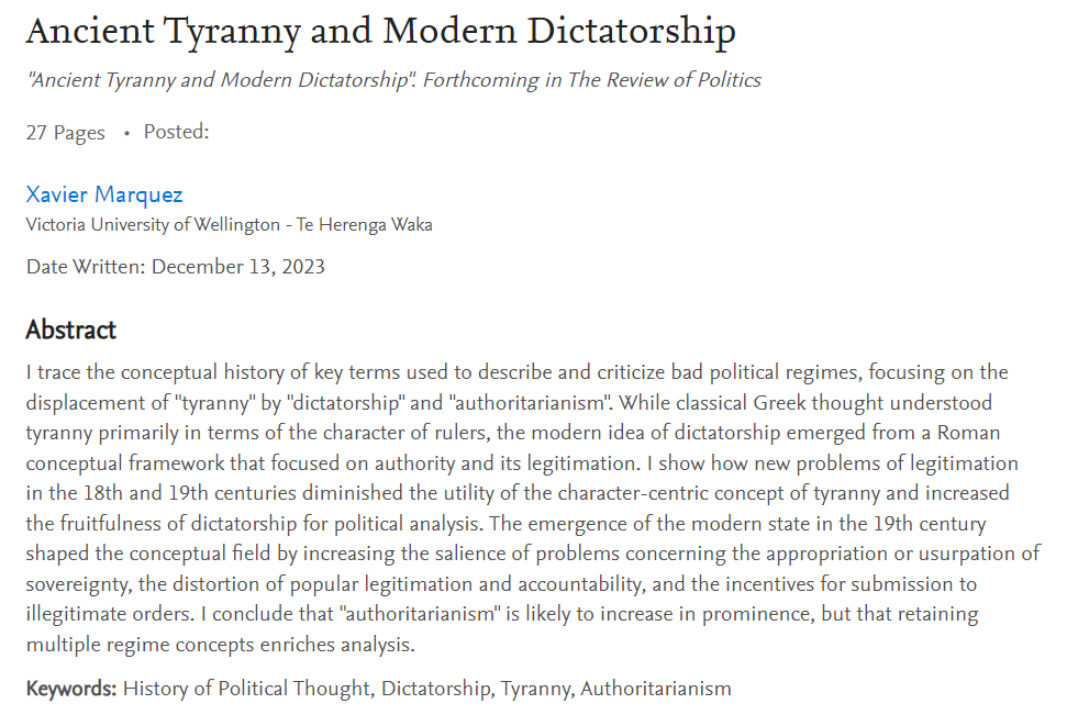 New paper! 'Ancient Tyranny and Modern Dictatorship', now forthcoming at The Review of Politics. papers.ssrn.com/sol3/papers.cf…