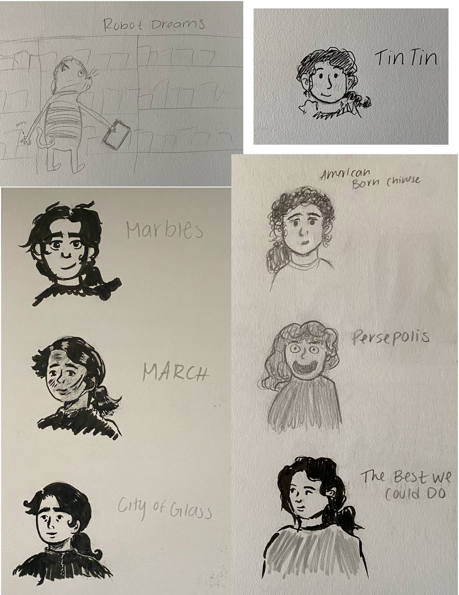 in my intro comics course, I have students do quick self-portraits with each reading - as a way of talking about artistic style and sneakily getting them to be comfortable drawing. Always a fun &amp; favorite thing to see in full! Here are some of their collections from the term! 1/2