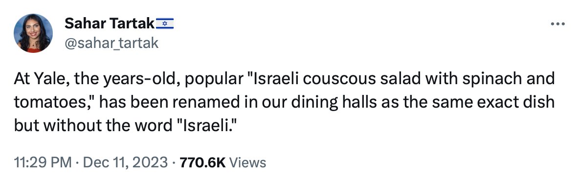 schwarz's tweet photo. This is the platonic ideal of America's culture wars. 20,000 people massacred in Gaza, and we must pay attention to a (apparently false) claim about the name of the couscous salad at Yale. https://t.co/oXqY5ooVYn