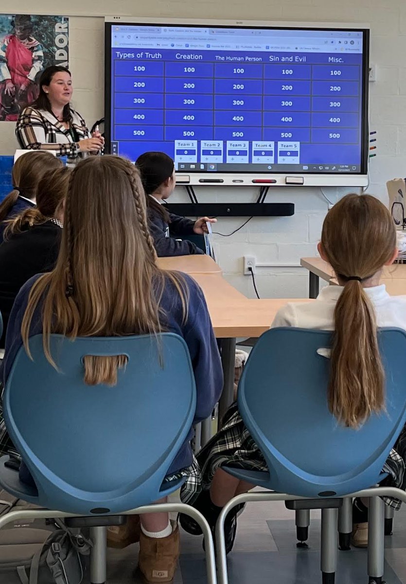 Miss Furey challenges her 7th-grade class to an exciting game of Theology Jeopardy!