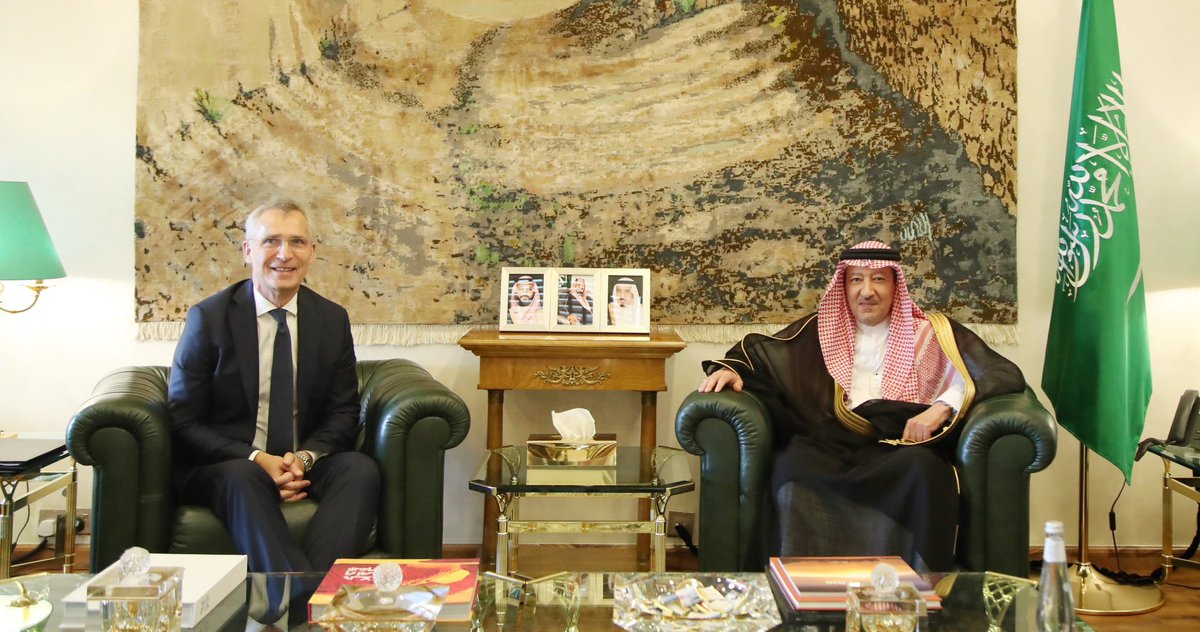 #Riyadh | Vice Minister of Foreign Affairs H.E. @W_Elkhereiji receives NATO Secretary General @jensstoltenberg, during which views were exchanged on regional and international issues of common interest.