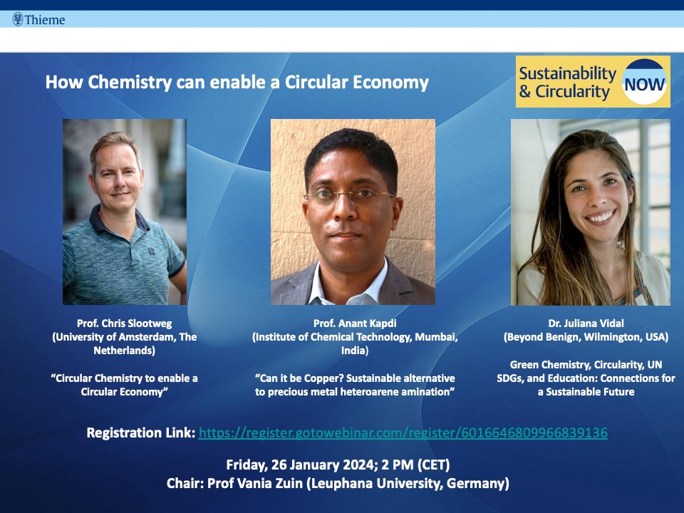 If you want to begin the new year with more #GreenChemistry, we've got you covered! Join us on January 26th @ 8 PM (EST) to celebrate the launch of @SusCircNOW and discuss diverse strategies for chemists to enable a sustainable future!🌱Register here: register.gotowebinar.com/register/60166…