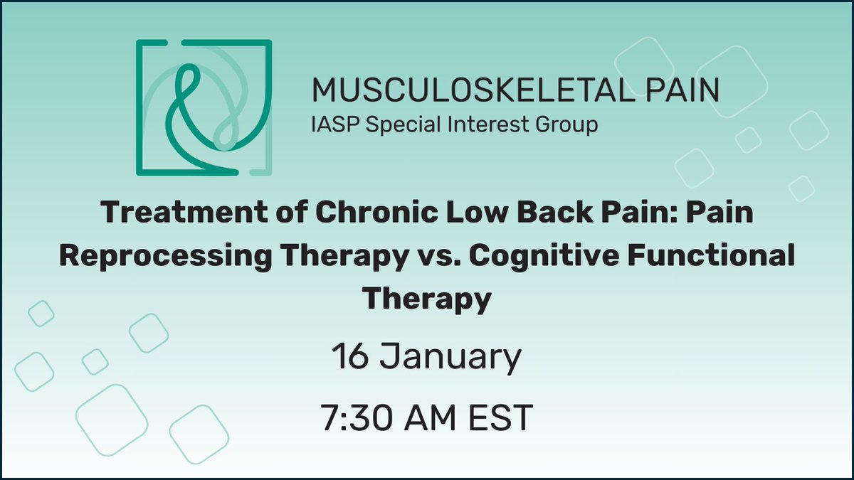 NEW WEBINAR: Register for Treatment of Chronic Low Back Pain: Pain Reprocessing Therapy vs. Cognitive Functional Therapy from the Musculoskeletal Pain SIG on 16 January. bit.ly/486fyIY