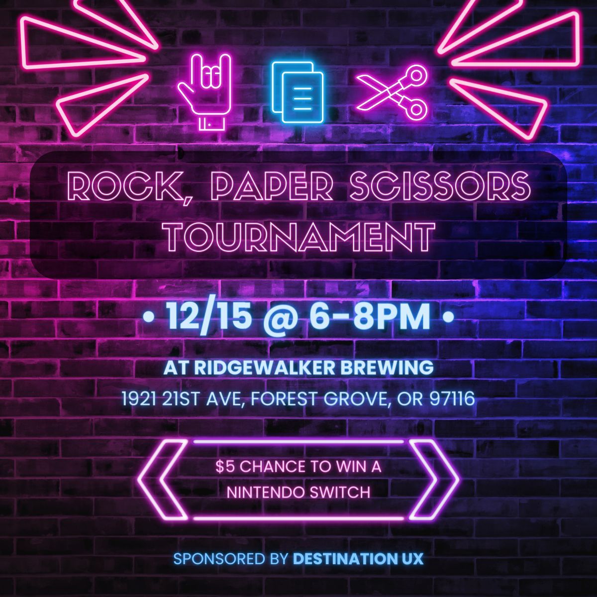 DestinationUX's tweet image. 🎉🤘 Get Ready for the Ultimate Rock, Paper, Scissors Showdown! 🤘🎉 Join us on December 15th at Ridgewalker Brewing for a chance to win a Nintendo Switch! Entry fee is $5, with a special discount for Pacific Students &amp;amp; Staff at only $3. Registration closes at 6pm on Dec 15th!