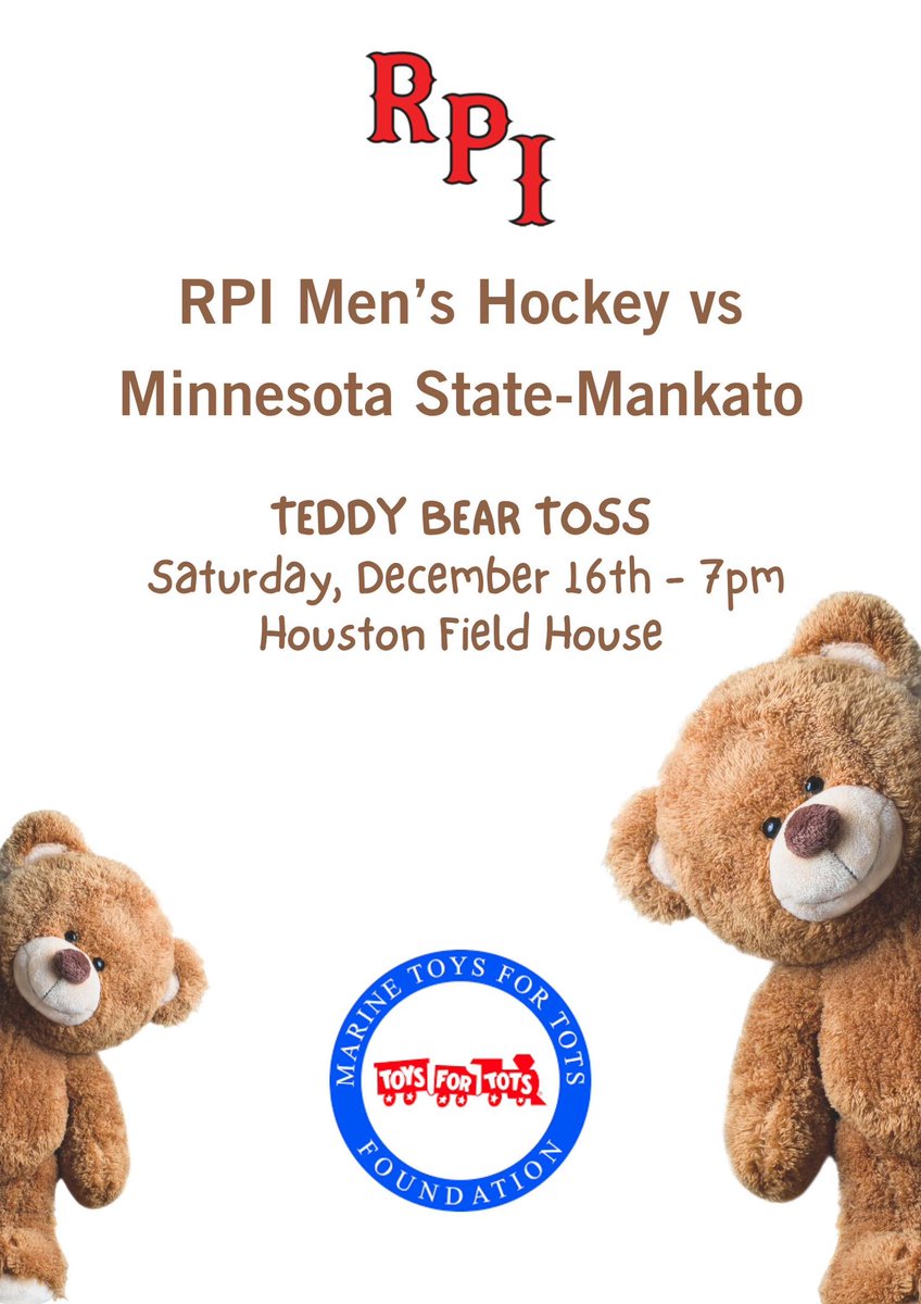 Come out this weekend and support @RPI_Hockey as they take on MNST-Mankato in a two game set! Saturday night is our Teddy Bear Toss for @ToysForTots_USA ! Come out, cheer, and get ready to toss those bears! @RPIAthletics @rpi_saac #RPIHockey #LetsGoRed