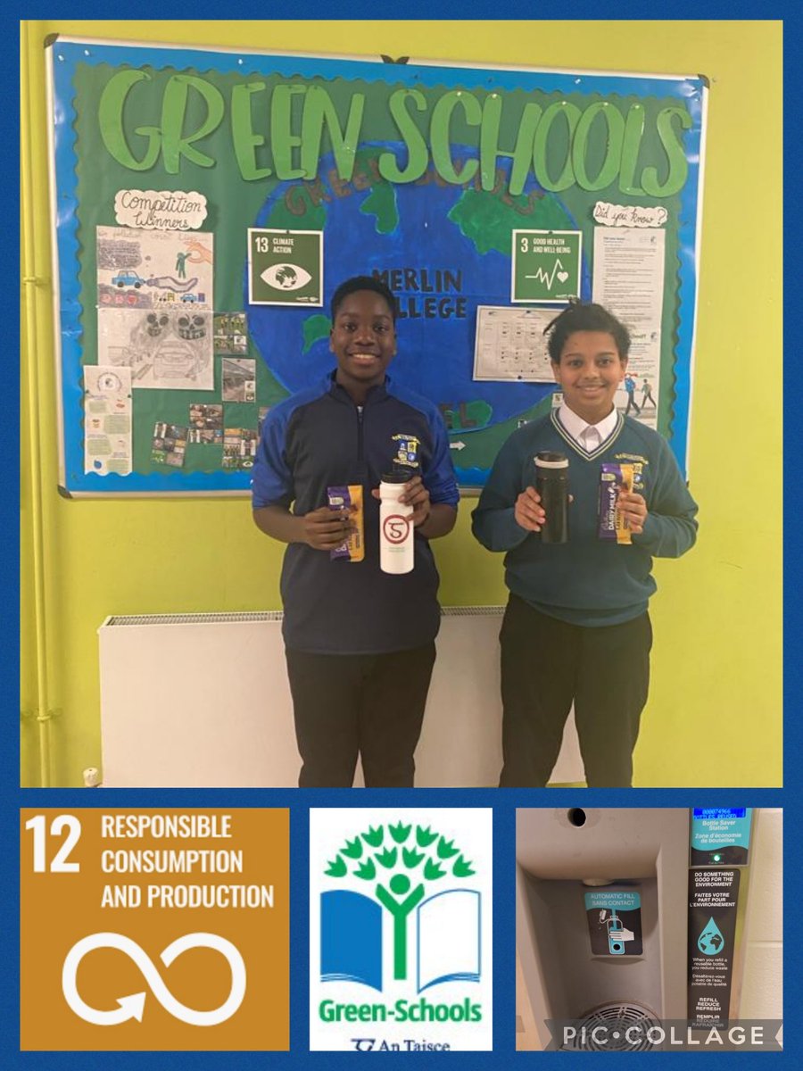 Well done to 1st year students Eric and Elijah winners of our reusable water bottle competition during our recent Green Schools Awareness Week. It's great to see students and staff using reusable water bottles. #SDG12 #ChooseToReuse @GreenSchoolsIre @CollegeMerlin