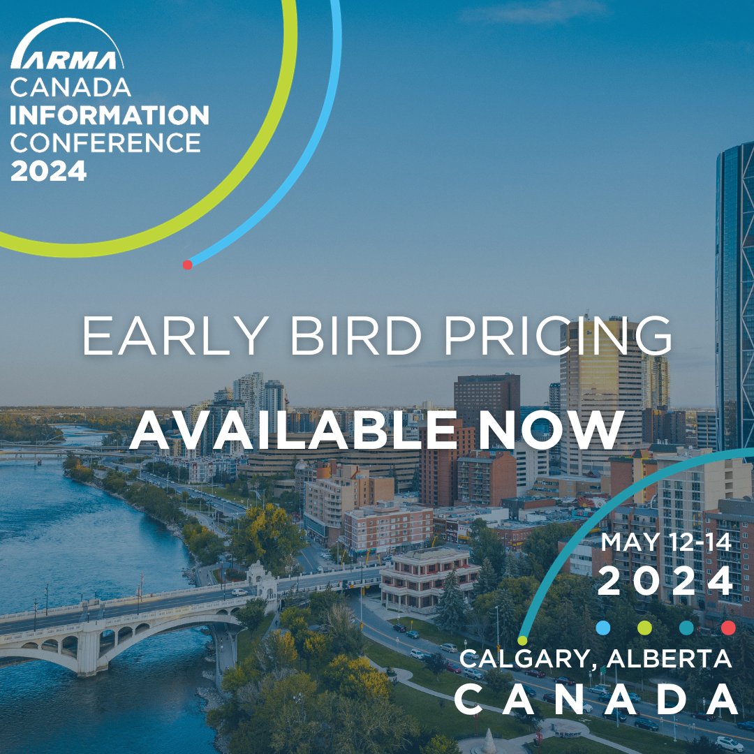 Registration is OPEN for ARMA Canada Information Conference 2024, and early bird pricing is available until December 19!
Why pay more later when you can secure your spot at a discounted rate NOW? Join us in beautiful Calgary next May 12-14! bit.ly/40GAX97 #ACIC24