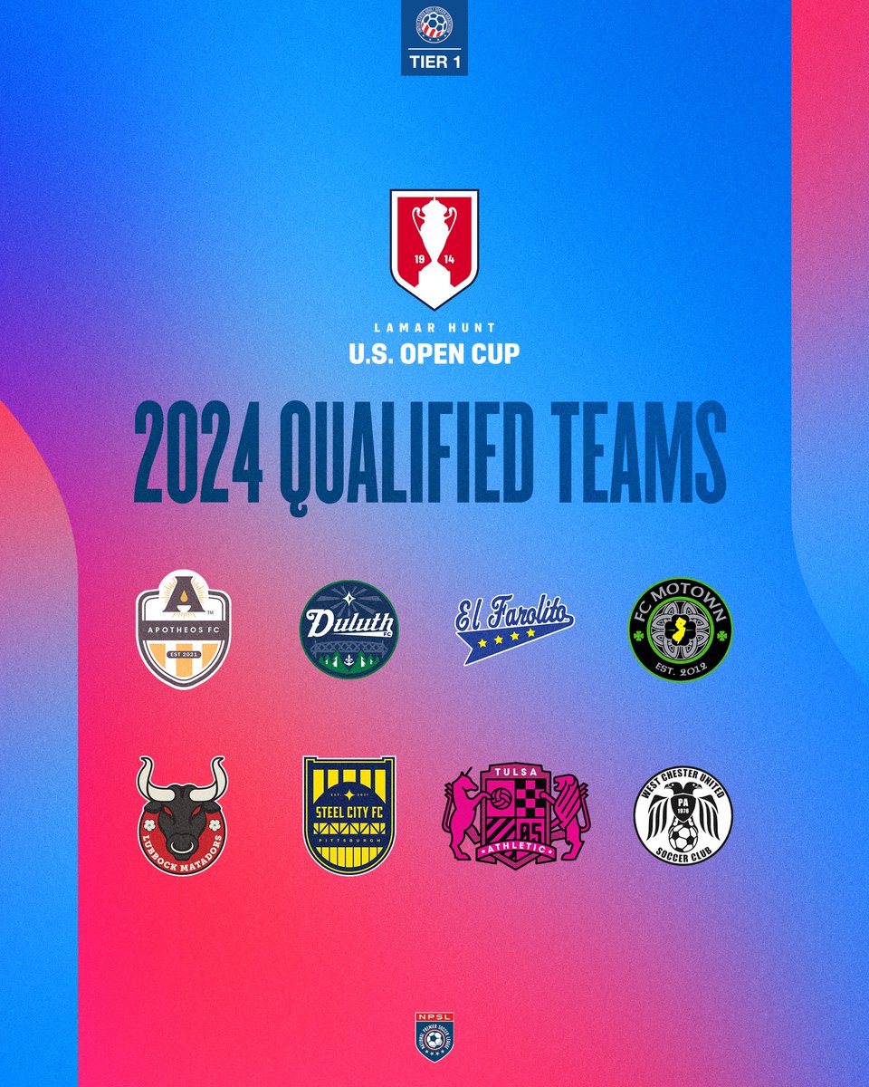 NPSLSoccer's tweet photo. Eight #NPSL teams have qualified for the 2024 @opencup! #USOC2024 @ApotheosFC @DuluthFC @elfarolito_npsl @fc_motown @LubbockMatadors @SteelCityFC @TTownSoccer @WCUSCPredators 

Read more: https://t.co/efj8cu0ybu https://t.co/EClsigfeop