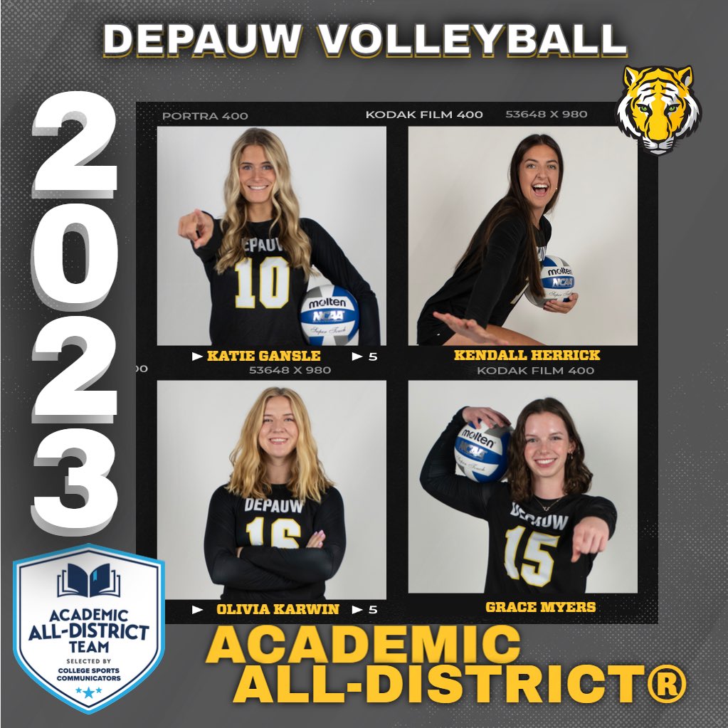 DePauw Tigers (@depauwathletics) on Twitter photo Four members of the <a href="/DePauw_VB/">DePauw Volleyball</a> team were named to the <a href="/CollSportsComm/">College Sports Communicators</a> academic all-district® team!
Congratulations Katie Gansle, Kendall Herrick, Olivia Karwin, and Grace Meyers!
#TeamDePauw #d3vb Four members of the <a href="/DePauw_VB/">DePauw Volleyball</a> team were named to the <a href="/CollSportsComm/">College Sports Communicators</a> academic all-district® team!
Congratulations Katie Gansle, Kendall Herrick, Olivia Karwin, and Grace Meyers!
#TeamDePauw #d3vb