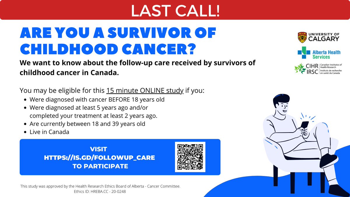 🚨LAST RECRUITMENT CALL - SURVEY CLOSING DEC 19🚨   Are you a Canadian #childhoodcancersurvivor?   We want to learn about your follow-up care experience!   📝 There’s still time to participate in a 15-minute ONLINE survey at is.gd/followup_care!