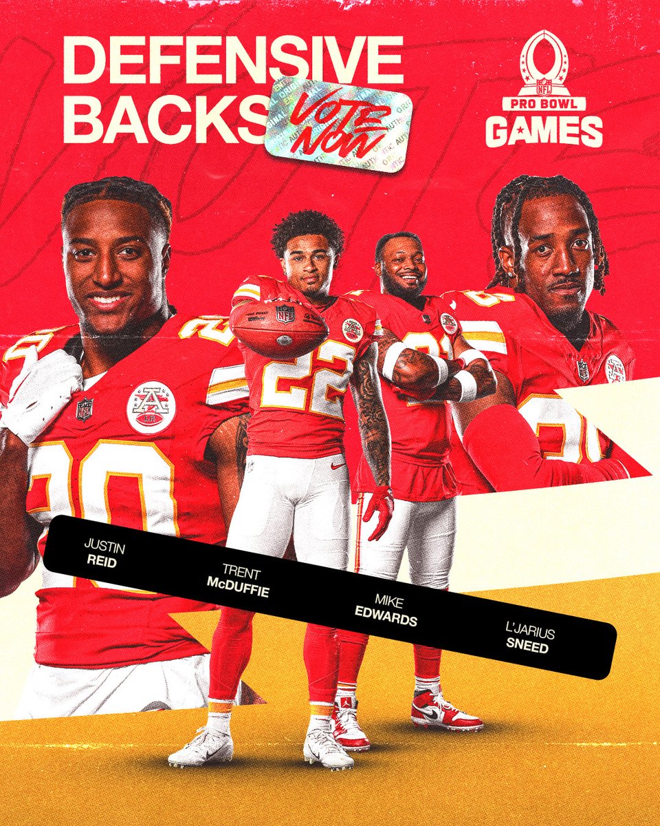 Chiefs's tweet image. Our DB room has been ballin' this year 🔥 RT to get them into the Pro Bowl.

#ProBowlVote + @trent_mcduffie 
#ProBowlVote + @jay__sneed 
#ProBowlVote + @JustinqReid 
#ProBowlVote + @M__Edwards7