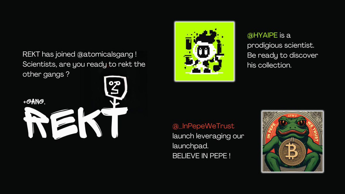 Rekt Atomicals Scientists (@atomicalsrekt) on Twitter photo Everything is cooking on Atomicals & REKT right now ๐๐ฅ
Prices are up and we have projects on the REKT launchpad waiting for lift off ๐ธ๐
We secured our @AtomicalsGANG realm to challenge other communities โ๏ธโ๏ธ
Congrats to <a href="/HYAIPE/">HYAIPE</a> & <a href="/_InPepeWeTrust/">InPepeWeTrust ๐ธ</a> for launching with REKT ๐ Everything is cooking on Atomicals & REKT right now ๐๐ฅ
Prices are up and we have projects on the REKT launchpad waiting for lift off ๐ธ๐
We secured our @AtomicalsGANG realm to challenge other communities โ๏ธโ๏ธ
Congrats to <a href="/HYAIPE/">HYAIPE</a> & <a href="/_InPepeWeTrust/">InPepeWeTrust ๐ธ</a> for launching with REKT ๐