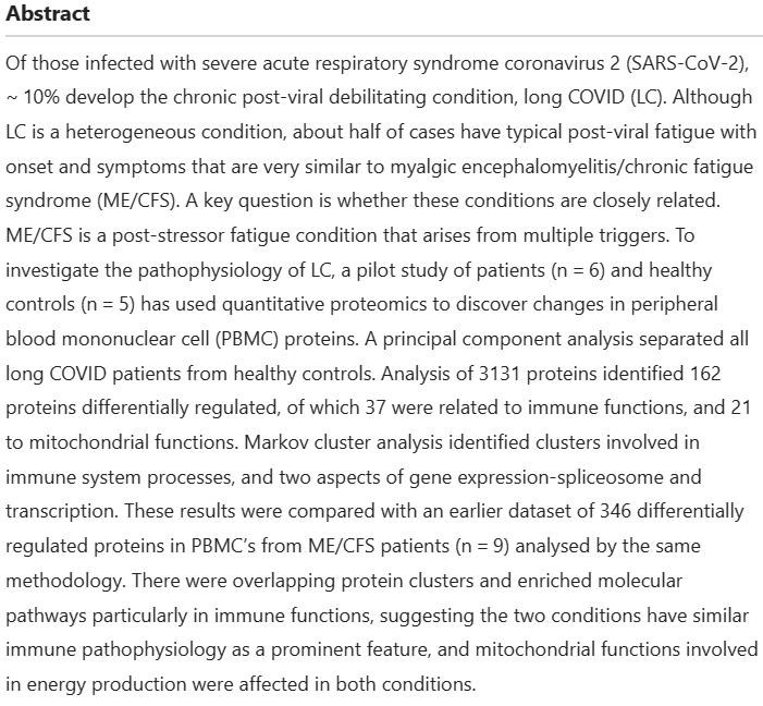 New from Tate group in New Zealand: A pilot study on the immune cell proteome of #longCOVID patients shows changes to physiological pathways similar to those in #MyalgicEncephalomyelitis / #ChronicFatigueSyndrome Free fulltext: nature.com/articles/s4159… #MEcfs #CFS #PwME 1/